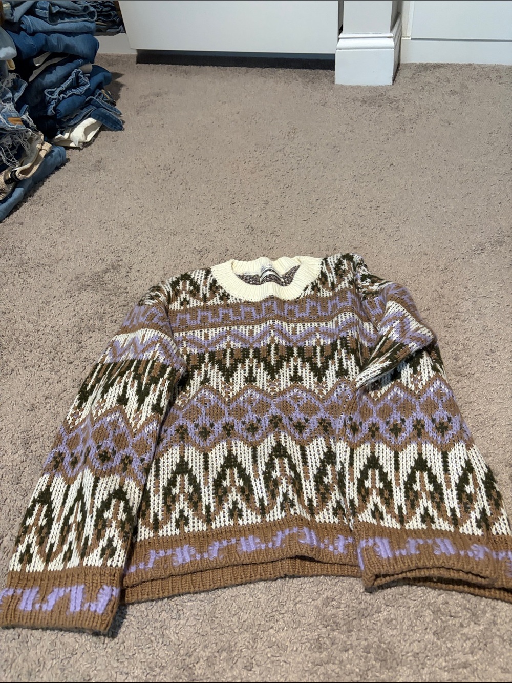Anthropologie Fair Isle Crewneck Sweater in Cream, Brown & Lavender